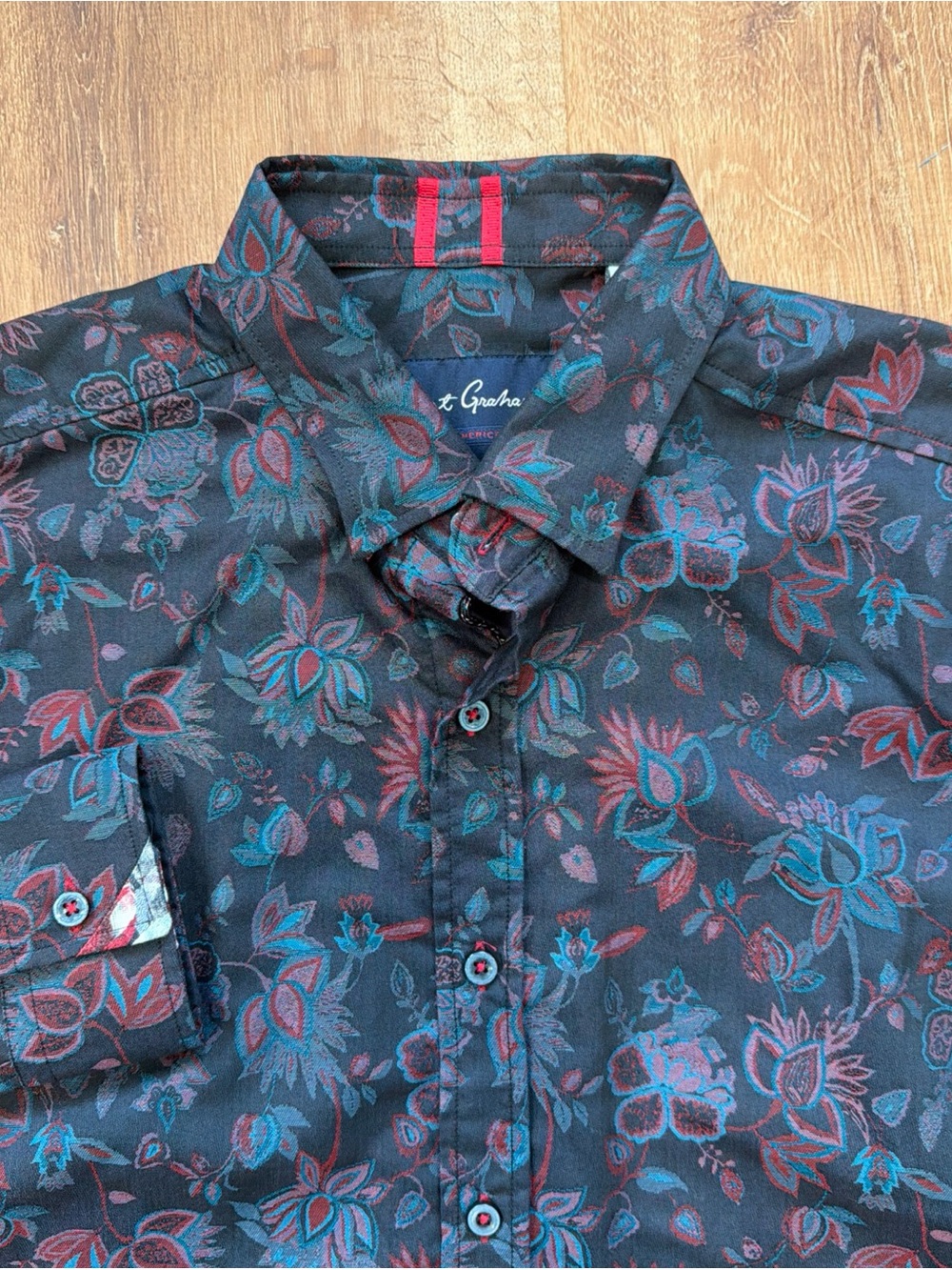 Robert Graham Button-Up Shirt Mens Small with Teal & Red Floral Print